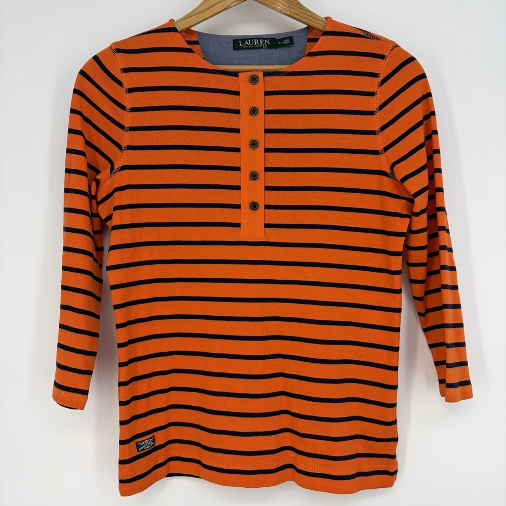 Lauren Ralph Lauren Top M Stripe Orange Navy Preppy Cotton Auburn Tigers Classic